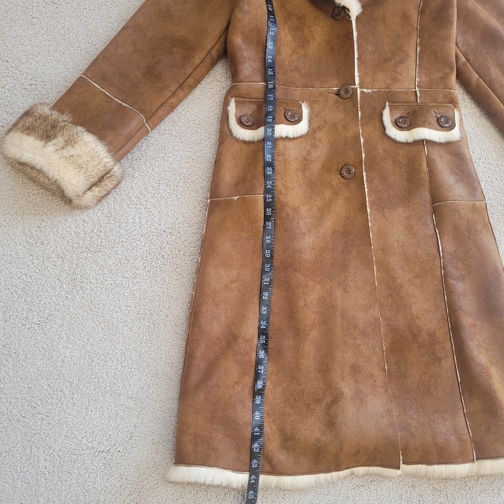 Stunning WILSONS Brown Long Faux Suede Fur Trim Sherpa Shearling Coat Y2K Sz M - Picture 10 of 12